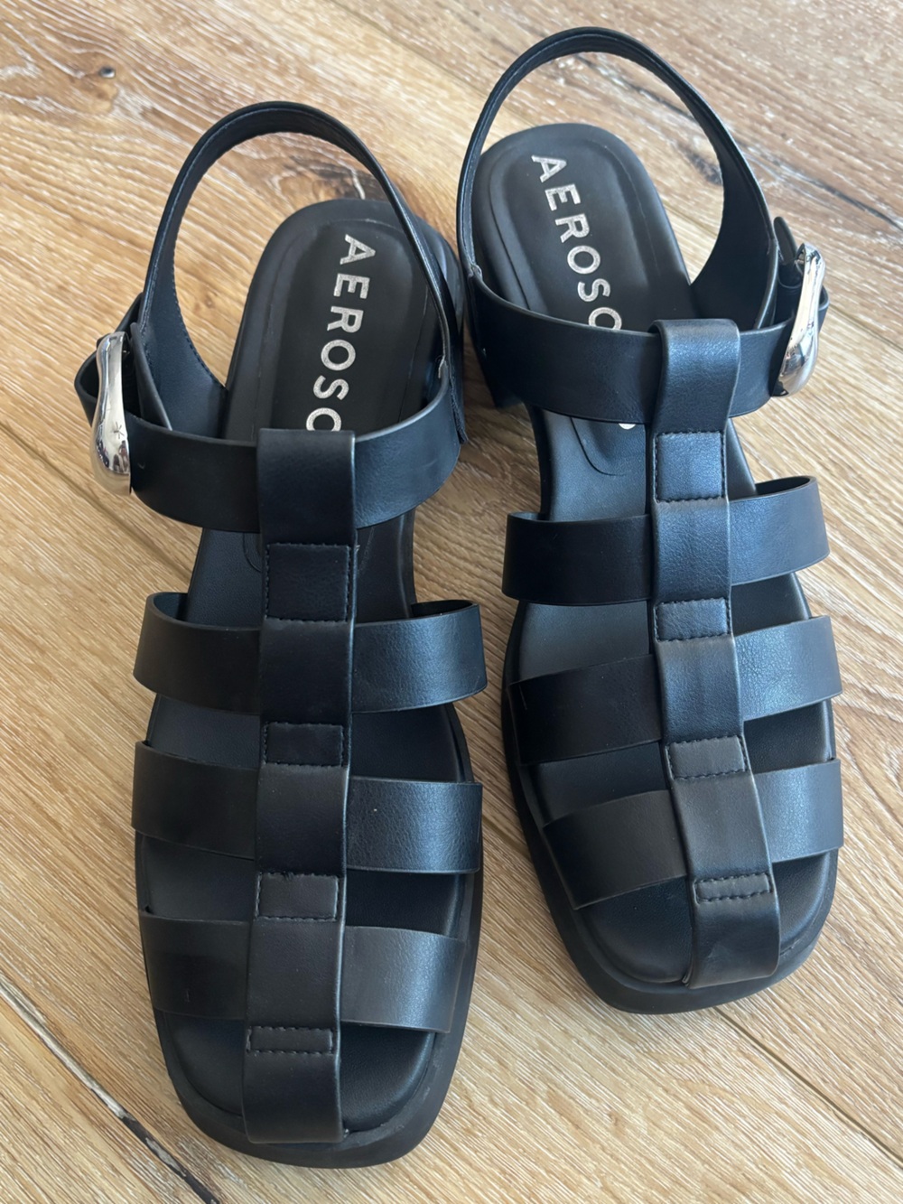 AEROSOLES Black Woven Strappy Buckle Sandals